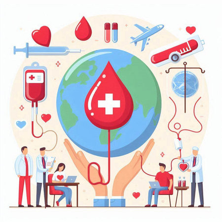 Blood donation concept. Doctor and patient with blood drop. Vector illustrationのイラスト素材