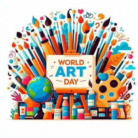 Vector illustration of world art day banner with school supplies isolated on white background.のイラスト素材