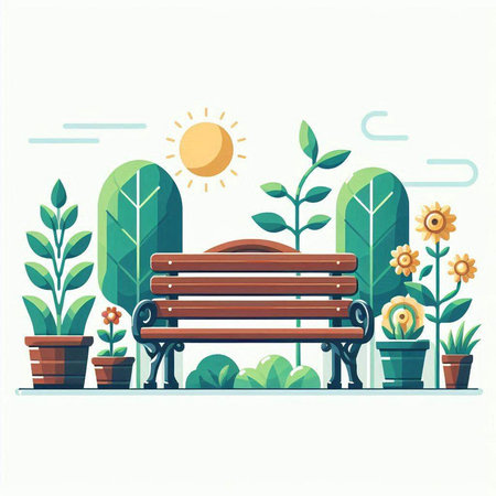 Vector illustration of a park bench with flowers in pots and sun.のイラスト素材