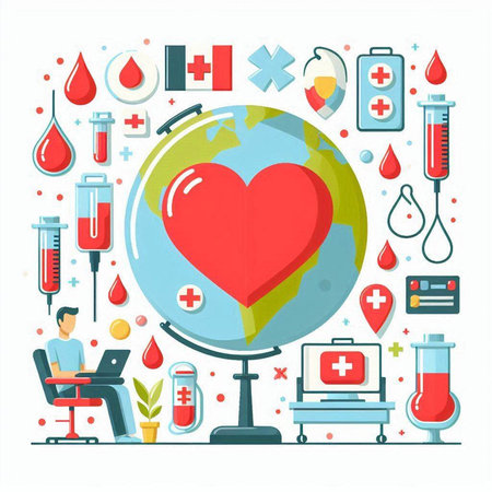 Blood donation concept. Vector flat design illustration. World blood donor day background.のイラスト素材