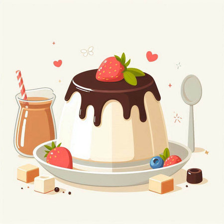 Chocolate pudding with berries and a cup of coffee. Vector illustration.のイラスト素材