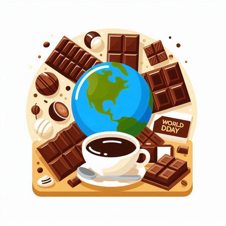 Coffee break with chocolate, world map and coffee cup. Vector illustration.のイラスト素材