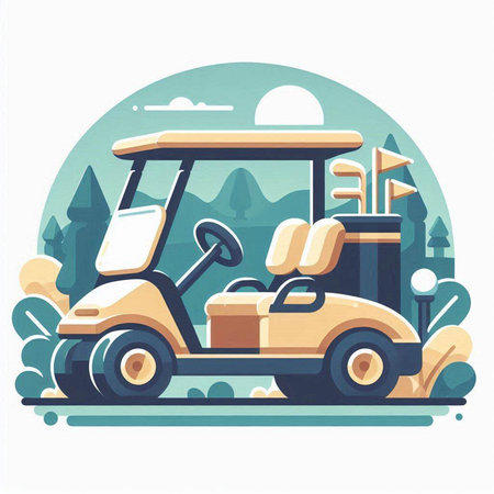 Golf cart in the woods. Vector illustration in flat style.のイラスト素材