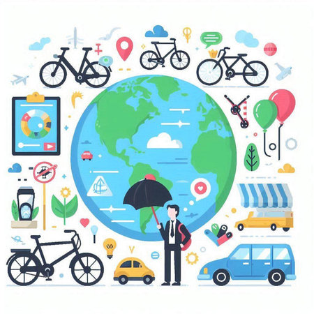 Flat design vector illustration concept of traveling around the world by car.のイラスト素材