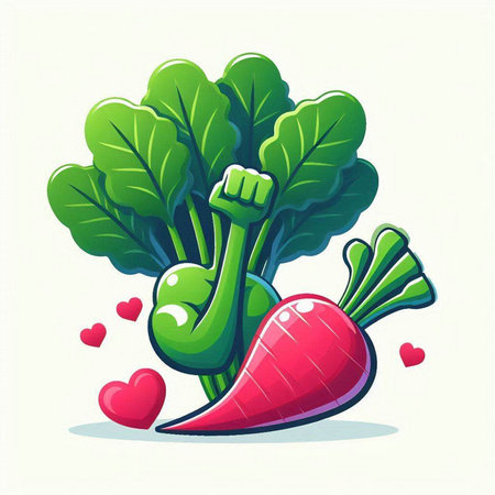 Vector illustration of fresh red radish with green leaves and red heart.のイラスト素材