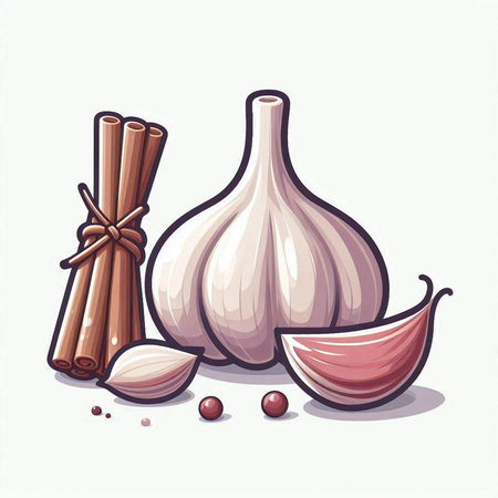 Garlic, cloves and cinnamon on white background. Vector illustration.のイラスト素材