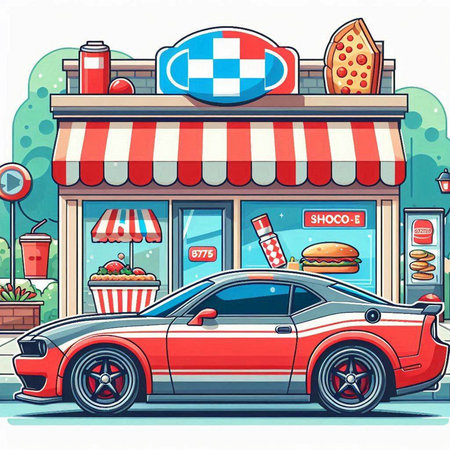 Coffee shop with car and fast food. Vector illustration.のイラスト素材
