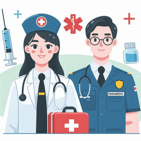 Vector illustration of a doctor and nurse in uniform with first aid kitのイラスト素材