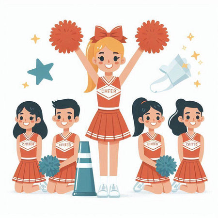 Cheerleaders set. Cheerleaders in uniform. Cheerleaders with pompoms. Cheerleaders isolated on white background. Cheerleaders vector illustrationのイラスト素材