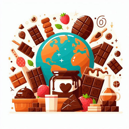 Chocolate sweets around the planet earth. Vector illustration in flat styleのイラスト素材