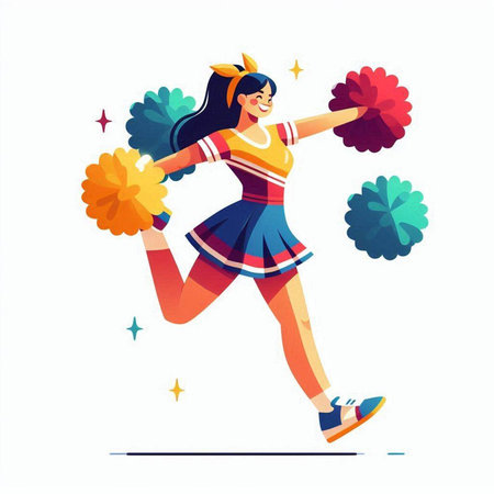 Cheerleader jumping with pompoms. Vector illustration in cartoon styleのイラスト素材