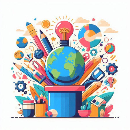 Back to school concept. Vector illustration with globe, school supplies and light bulb.のイラスト素材