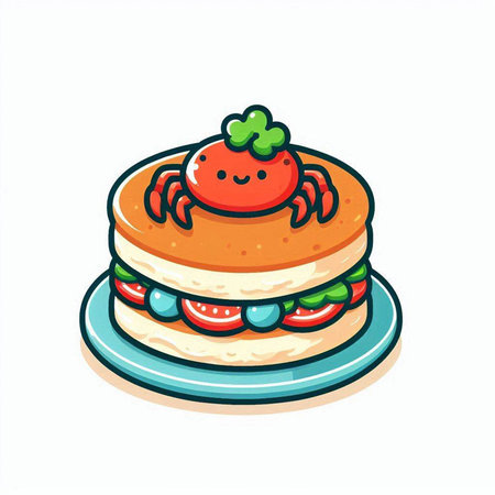 Illustration of a cartoon crab cake on a plate isolated on a white backgroundのイラスト素材