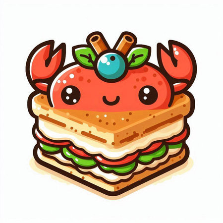 Cute cartoon crab on a sandwich. Vector illustration isolated on white background.のイラスト素材