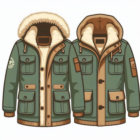 Illustration of a pair of warm winter jackets on a white backgroundのイラスト素材