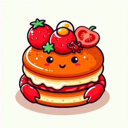 Cute funny pancake character with strawberry and cherry. Vector illustration.のイラスト素材