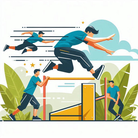 Jumping people flat color vector illustration. Men and women in sportswear jump on obstacle.のイラスト素材
