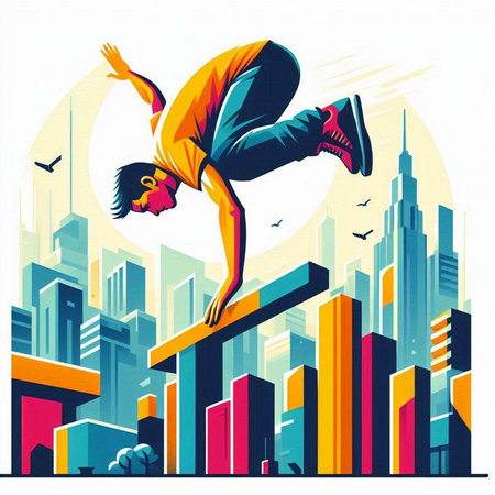 Athletic man jumping over the city. Vector illustration.のイラスト素材