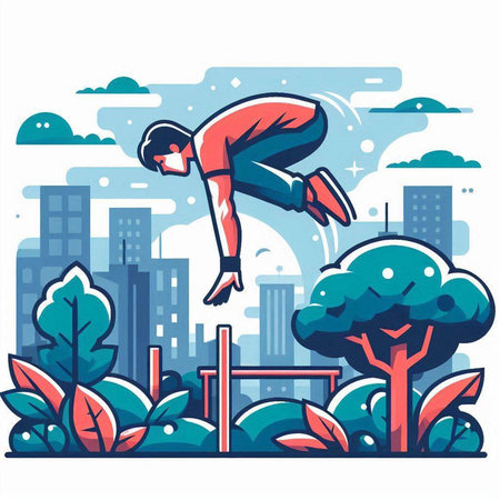 Vector illustration of a man jumping over obstacles in the city park.のイラスト素材