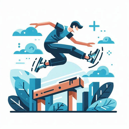 Skateboarder jumping on the bridge. Flat vector illustration.のイラスト素材