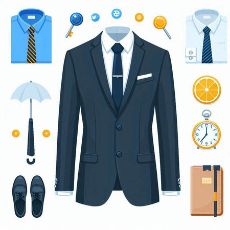 Men's clothing and accessories. Suit, shirt, tie, umbrella, briefcase, briefcase, socks, shoes. Vector illustrationのイラスト素材