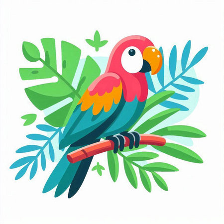 Cute colorful parrot sitting on a branch with tropical leaves. Vector illustration.のイラスト素材