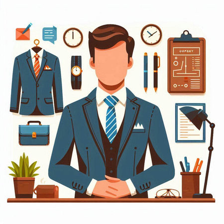 Businessman in office with a lot of stationery. Vector illustrationのイラスト素材