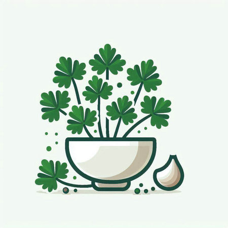 Illustration of a bowl with parsley, garlic and cloves.のイラスト素材