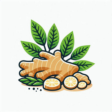Ginger root and lemon slice with green leaves. Vector illustration.のイラスト素材