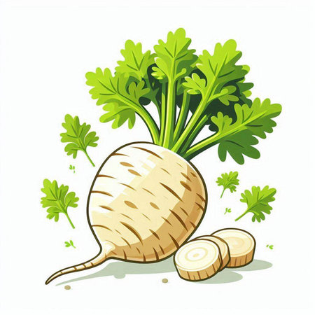 Fresh parsley root with slices isolated on white background. Vector illustration.のイラスト素材