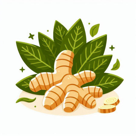 Ginger root and green leaves on white background. Vector illustration.のイラスト素材