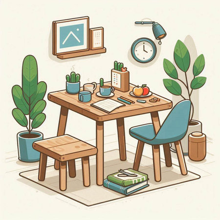 Vector illustration of a home office workspace. Workplace with table, chair, book, clock, coffee cup, plant and other items.のイラスト素材