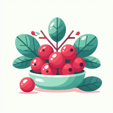 Cranberry berries in a bowl with leaves. Vector illustration.のイラスト素材