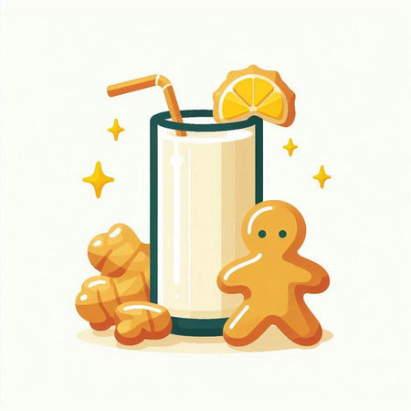 Glass of milk with gingerbread man and lemon. Vector illustration.のイラスト素材