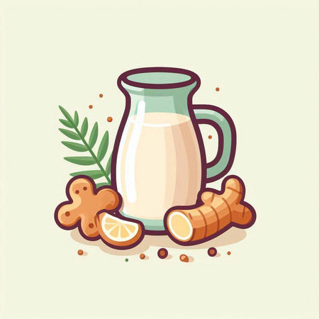 Ginger milk in a glass and ingredients. Vector illustration in cartoon style.のイラスト素材