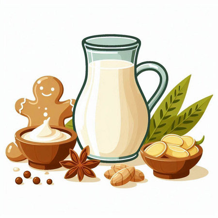 Vector illustration of a glass of milk, gingerbread cookies and spicesのイラスト素材