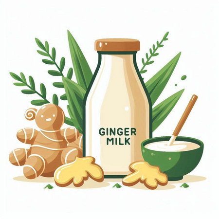Ginger milk in a glass bottle with a spoon and a bowl of ginger root. Vector illustration.のイラスト素材