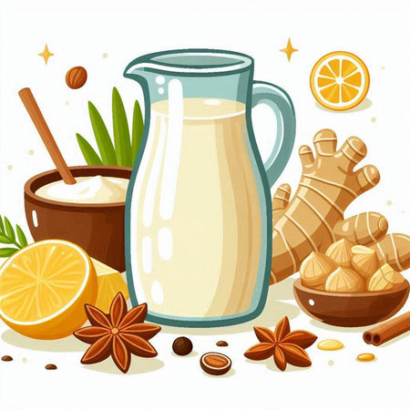 Vector illustration of a glass jug of ginger milk with lemon, honey and spices.のイラスト素材