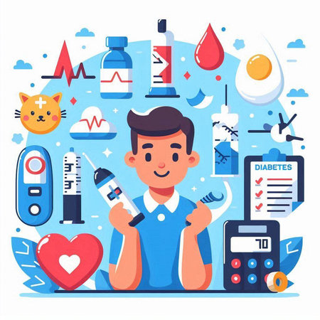 Healthy lifestyle concept. Vector flat graphic design illustration of male character with medical toolsのイラスト素材