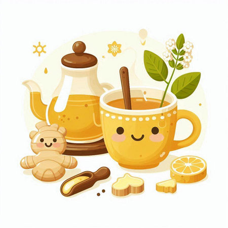 Cup of tea with ginger, lemon and honey. Vector illustrationのイラスト素材