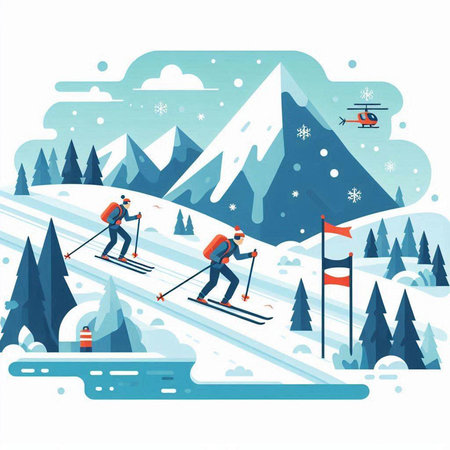 Vector illustration of skiers in the mountains. Flat style design.のイラスト素材