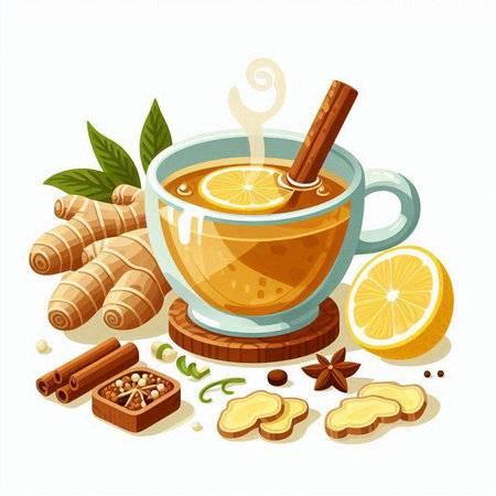 Cup of tea with lemon, ginger and cinnamon. Vector illustration.のイラスト素材