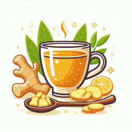 Cup of ginger tea with lemon and ginger root. Vector illustration.のイラスト素材