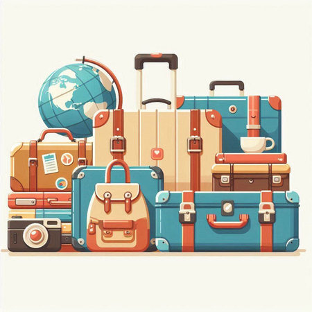 Set of travel suitcases. Vector illustration in flat cartoon style.のイラスト素材
