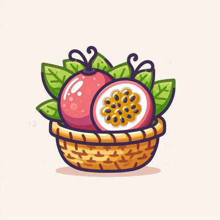 Passion fruit in a basket. Vector illustration in cartoon style.のイラスト素材