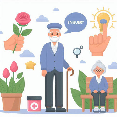 Elderly people in the park. Flat style vector illustration.のイラスト素材