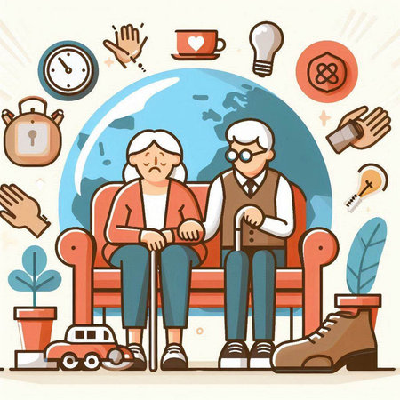 Elderly people sitting on a bench in the living room. Vector illustration.のイラスト素材