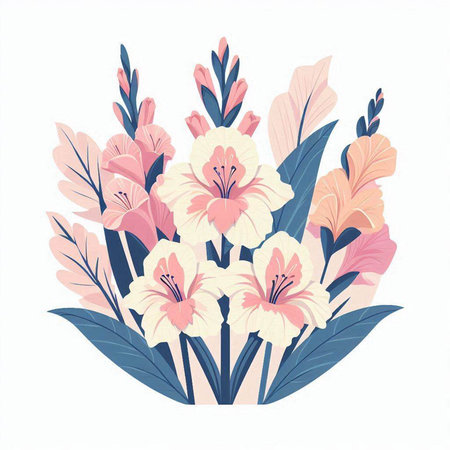 Vector illustration with lily flowers and leaves in pastel colors.のイラスト素材