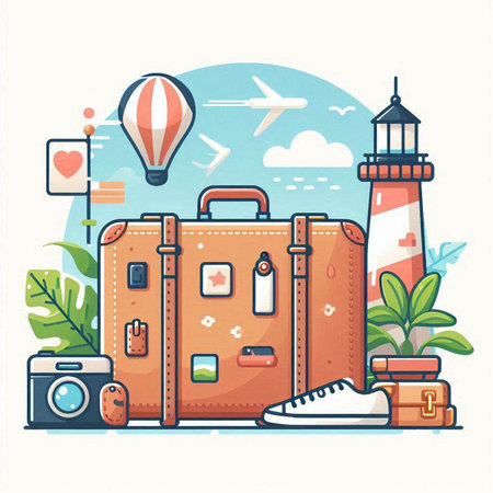 Vector illustration of travel and vacation concept. Suitcase, camera, airplane, lighthouse, luggage.のイラスト素材