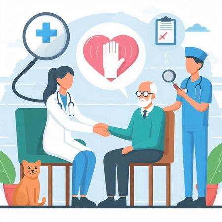 Elderly man at the reception of a doctor. Vector illustrationのイラスト素材